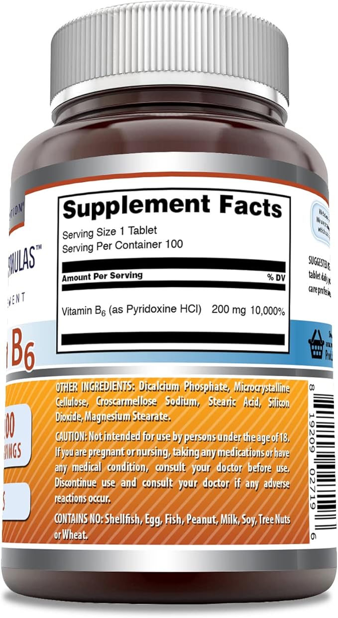 Amazing Formulas Vitamin B6 Pyridoxine 200mg 100 Tablets Supplement | Non-GMO | Gluten Free | Made in USA