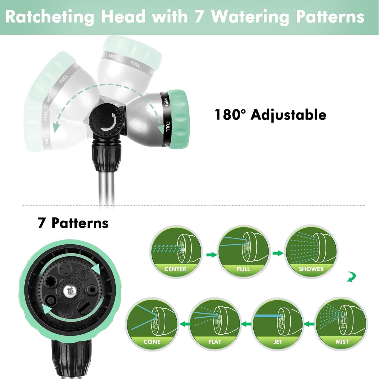 RESTMO 36”-60” Metal Watering Wand, Long Telescopic Tube | 180° Adjustable Ratcheting Head | 7 Spray Patterns | Flow Control, Garden Hose Sprayer to Water Hanging Baskets, Shrubs, Cyan