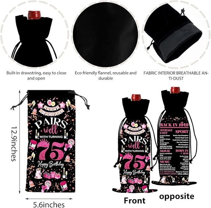75th Birthday Gifts for Women Men Wine Bag, Birthday Gifts for 75 Year Old Man, Happy 75th Birthday Party Decorations Women for Men, Pairs Well with Turning 75 Wine Bags (Black Pink)