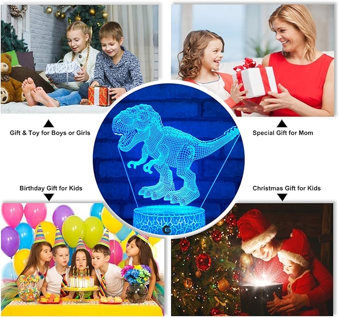 easuntec Dinosaur Toys 3D Night Light with Remote & Smart Touch 7 Colors + 16 Colors Changing Dimmable TRex Toys 1 2 3 4 5 6 7 8 Year Old Boy or Girl Gifts (TRex 16WT)