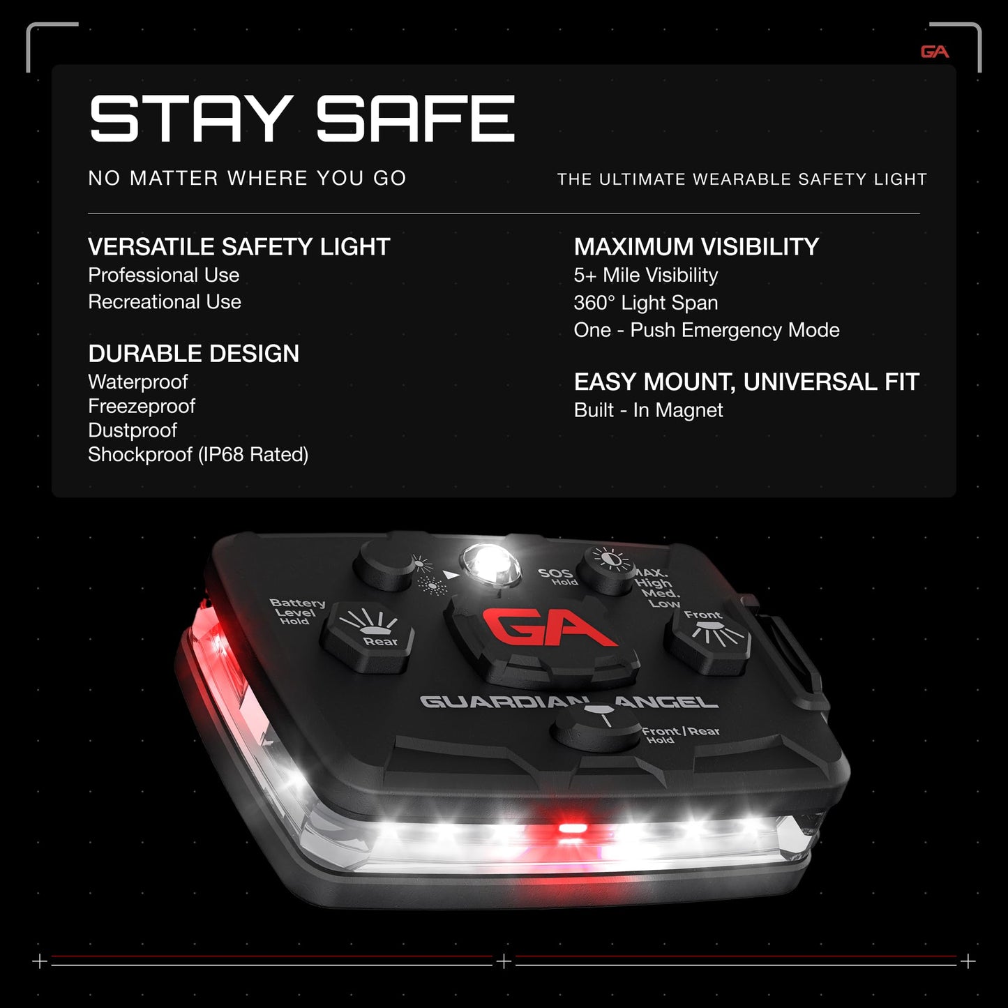 Guardian Angel Safety Light - high-standard Series Beacon Device, Rechargeable, Magnetic, White/Red, Hands-Free Wearable & Mountable Led For First Responders