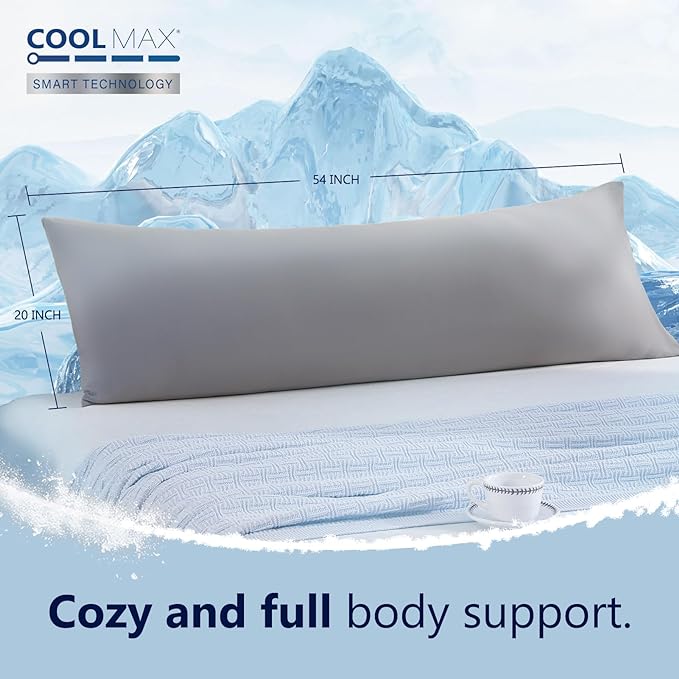 DOWNCOOL Large Body Pillow Insert with Cooling Cover - Soft Long Bed Pillow for Summer - Breathable Full Body Pillow for Adults - 20x54 inch (Grey, with Cover)