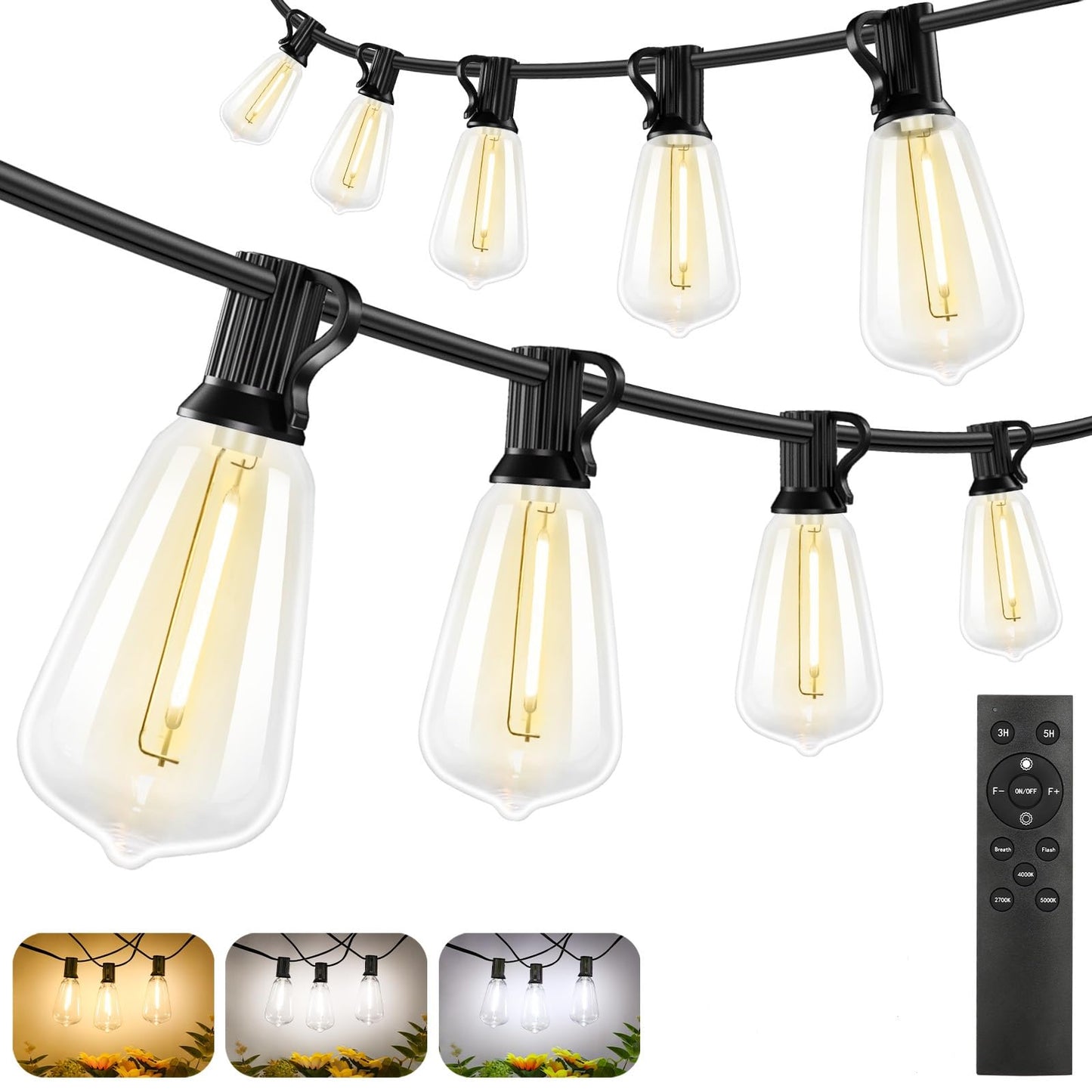 Brightever LED String Lights with Remote Control, 180FT, 2700K/4000K/5000K, 56 Shatterproof Bulbs, Black, Model CMPC