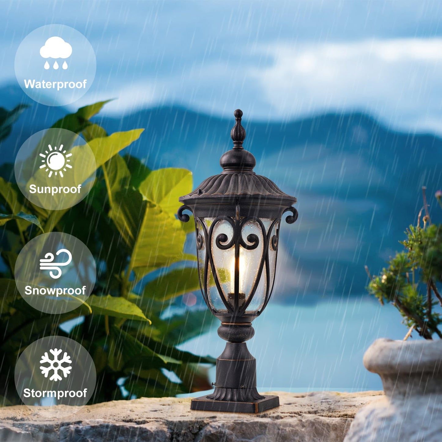 GOALPLUS Outdoor Post Light Fixture, 24in High, Antique Bronze Aluminum Lantern with Seeded Glass Shade, Model LM0519-M
