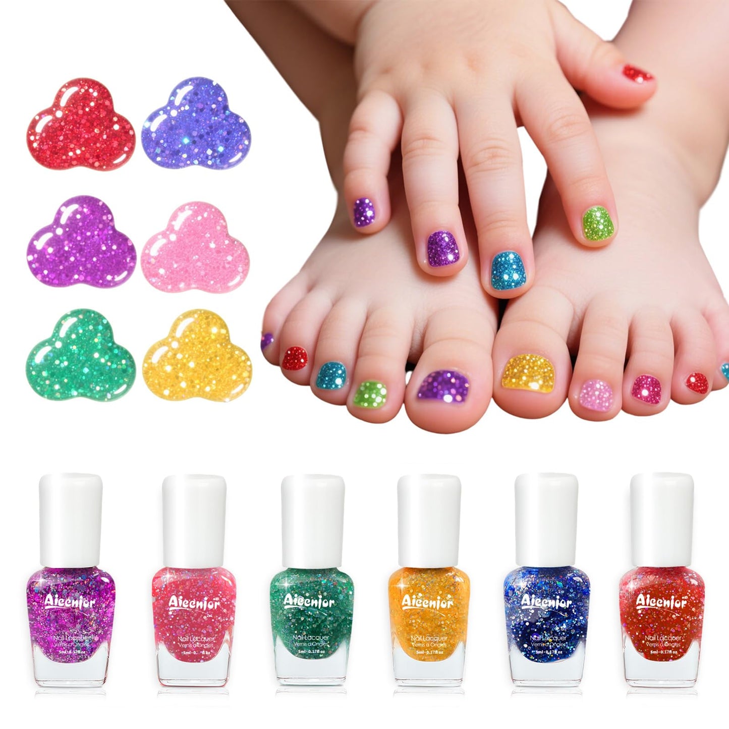 Aieenjor Non-Toxic Kids Nail Polish Set, Glitter Quick Dry Fingernail Polish for Toddler, Water-Based Peelable Nail Polish for K