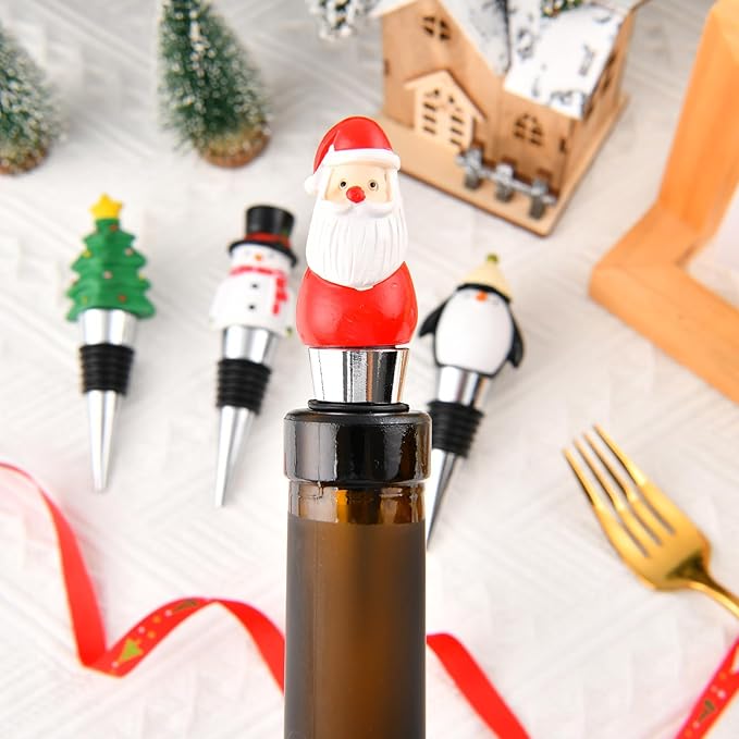 4 Pack Christmas Wine Stoppers Set, Resin Wine Bottle Stoppers for Winter Decor Holiday Wedding Christmas Party Supplies, Wine Accessories Gift for Hostess - Wine Bottle Corkers