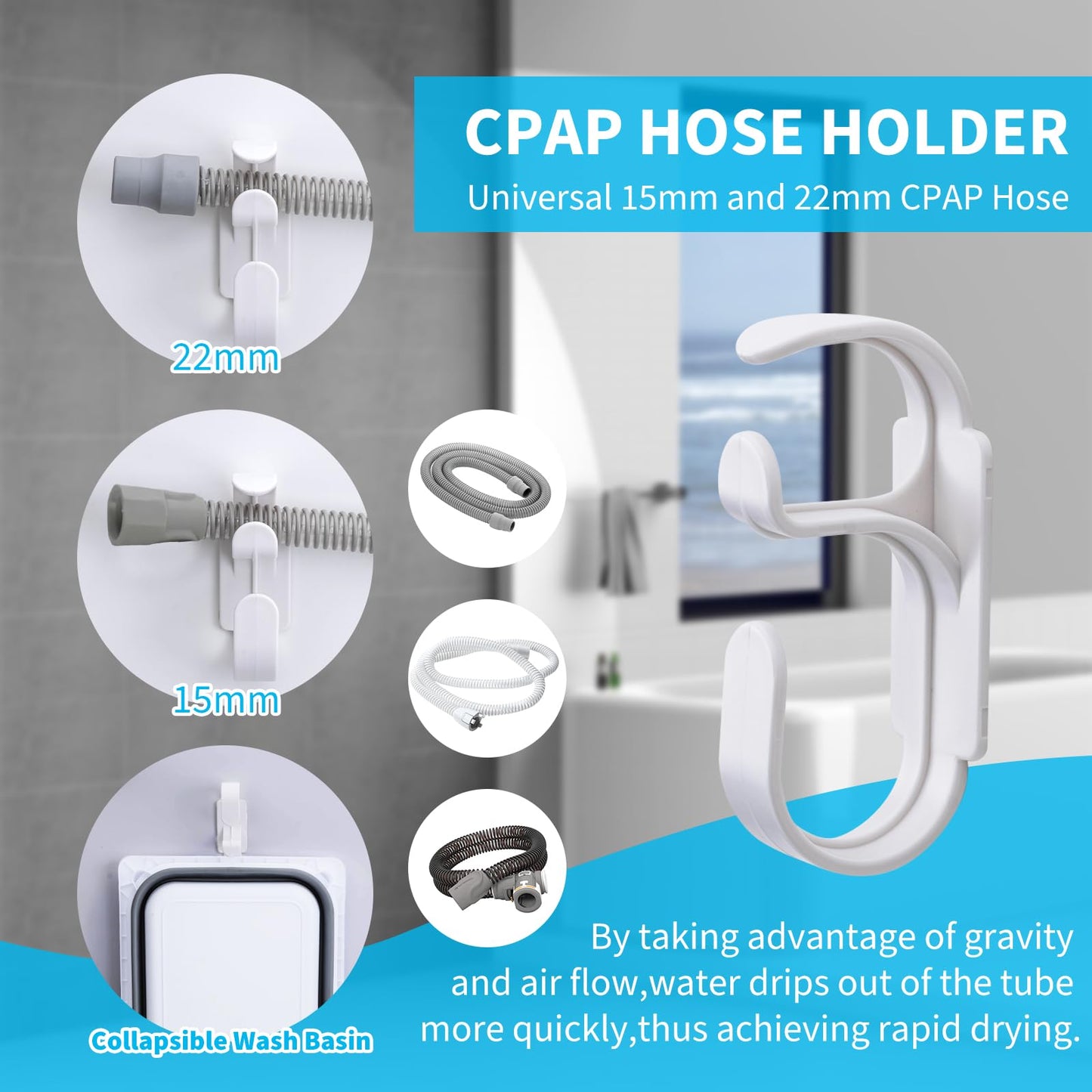 XGKHOM Upgraded CPAP Cleaning Kit, 7 ft Tube CPAP Cleaner Brushes for 15mm, 20mm and 22mm Hoses, CPAP Cleaning Supplies for Hose and Mask, Includes Collapsible Wash Basin, Hose Holder Hangers & Clips