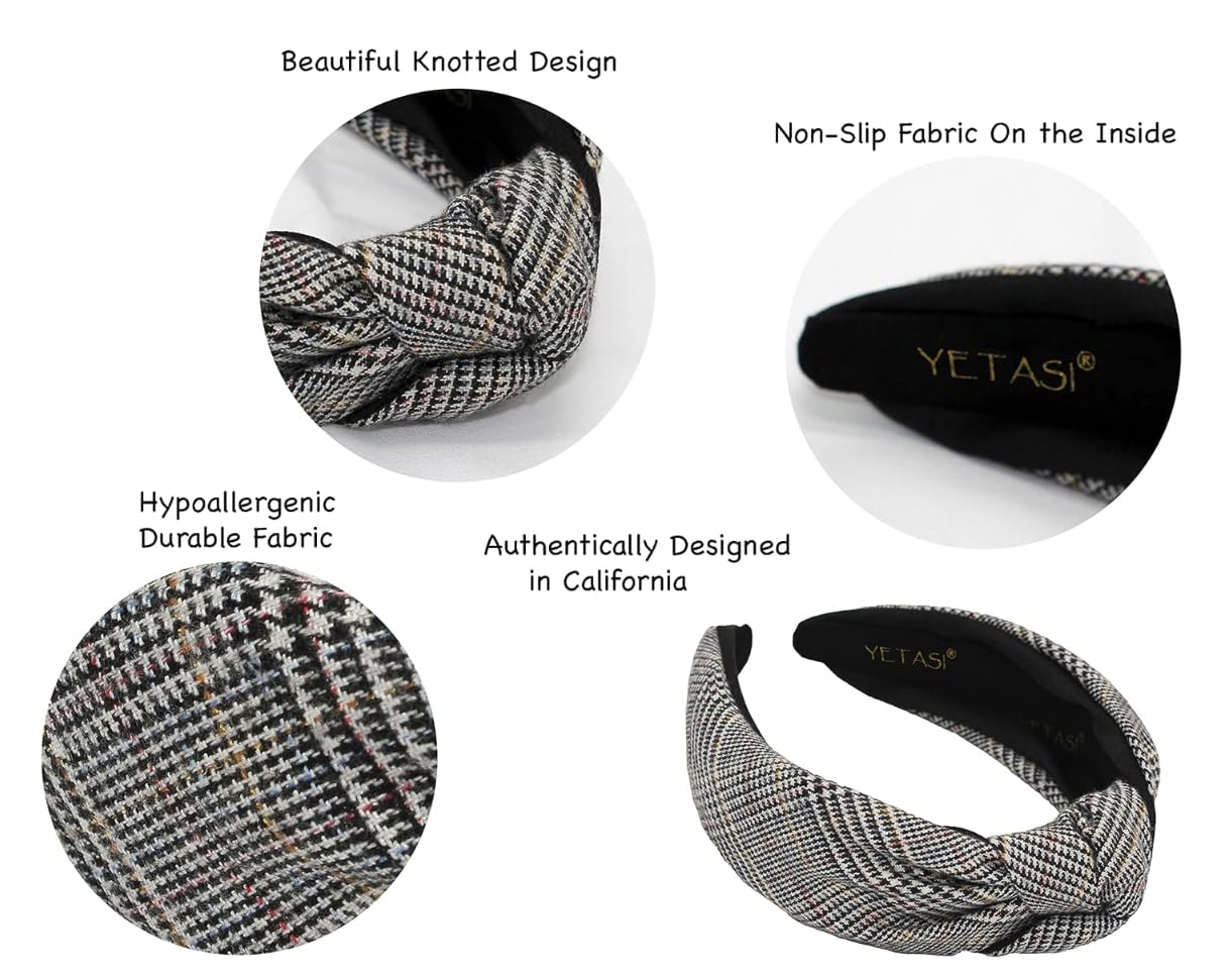 YETASI Thick 2.5 Inches Top Knot Headbands for Women are Trendy. Plaid Black Knotted Headband is a Designer Head band Fashion fo
