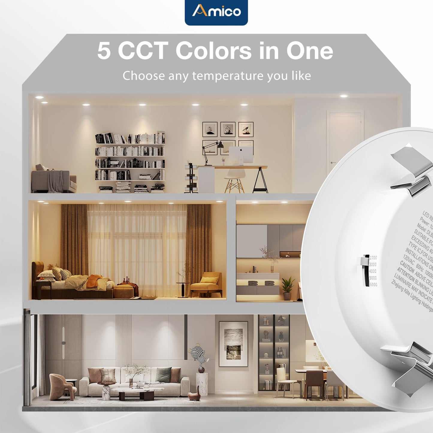 Amico Recessed Lighting 4 Inch, 24 Pack 5CCT Flat LED Can Lights, 2700K/3000K/4000K/5000K/6000K Selectable, 7W Eqv 60W, 700LM Brightness, Retrofit Installation - ETL & FCC