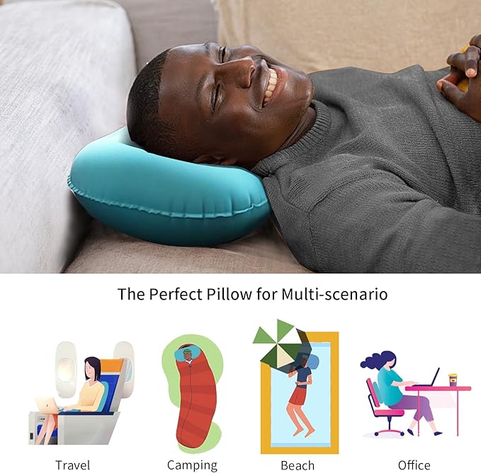 Ultralight Inflatable Travel Pillow Press to Inflate Compressible Ergonomic Neck and Lumbar Support While Camping Driving Sleeping Dark Blue