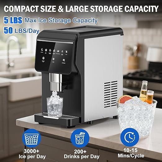 Nugget Ice Maker Countertop 50 LBS/Day, 5 LBS Ice Bin, Water Dispenser Countertop, Soft Chewable Pellet Ice Maker Machine Stainless Steel, Nugget Ice Machine for Home Bar Kitchen Office, Self-Cleaning