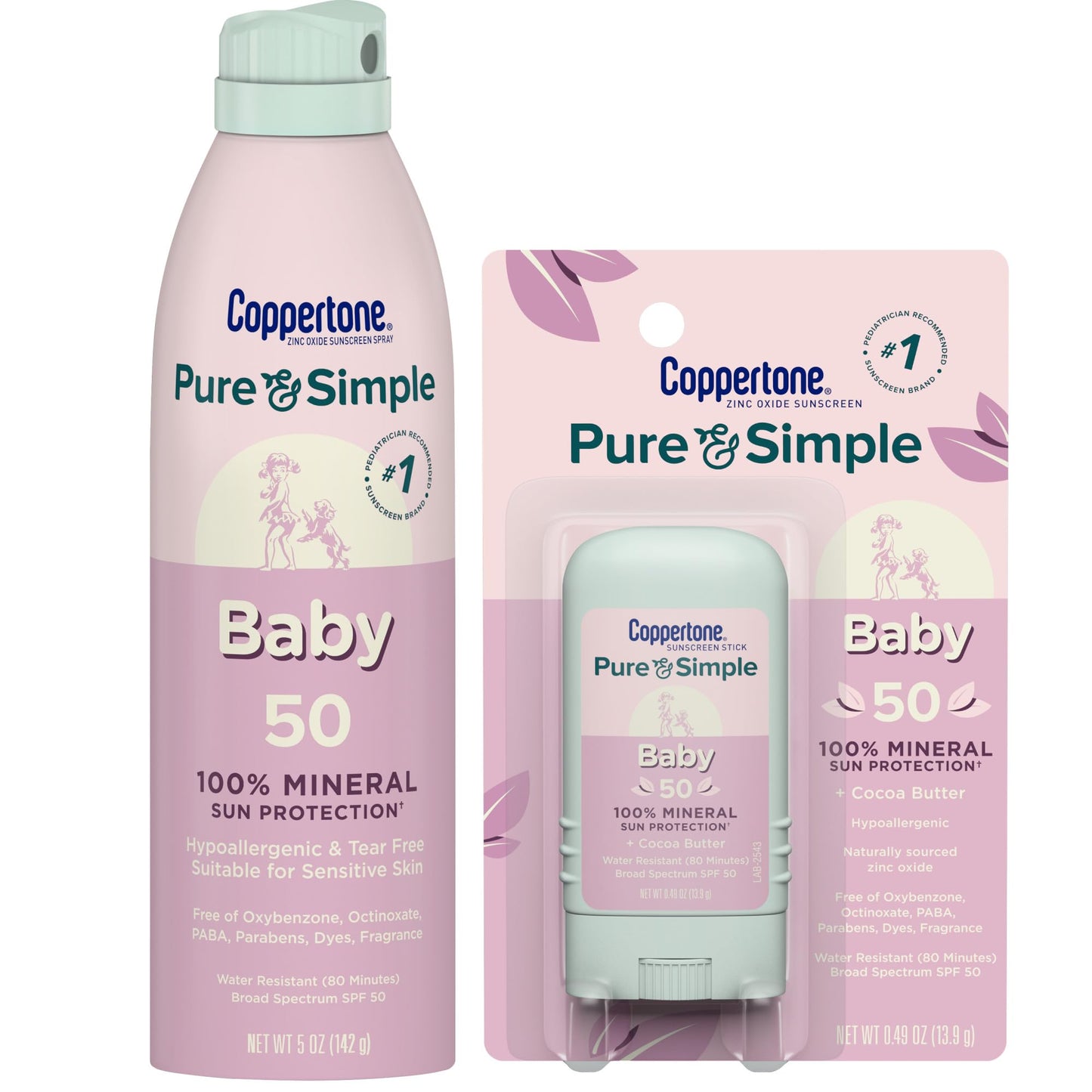 Coppertone Pure and Simple Baby Mineral Sunscreen Spray SPF 50 (5 Oz) + Baby Sunscreen Stick SPF 50 (0.49 Oz), Hypoallergenic an