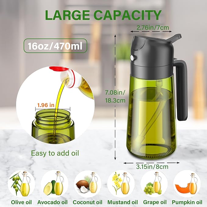 Vakoo 2 in 1 Oil Sprayer and Oil Dispenser for Kitchen - 16oz/470ml Light-Blocking Dark Glass Olive Oil Spray Bottle for Cooking, Air Fryer, Salad & BBQ (Black&Black)
