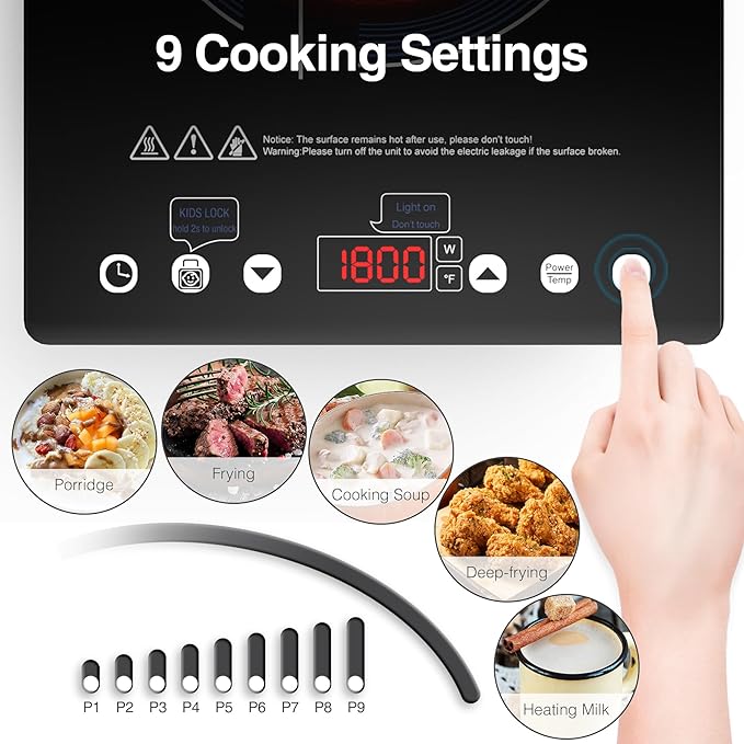 Electric Cooktop Single Burner, 1800W Electric Stove Top with Touch Control, 9 Power Levels, Kids Safety Lock & Timer, Overheat Protection,110V Induction Cooktop