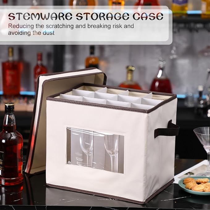 Uiifan 6 Pack Stemware Storage Box Set with Dividers, 12 Compartments Wine Glasses Storage Containers Cases Dust-proof, Transparent Window, Handles for Moving(Beige)