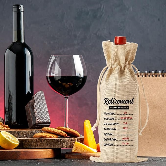 PKW 1Pcs Funny Retirement Wine Bag, Retirement Gift for Woman Men Wine Bag, Retirement Weekly Schedule Wine Bag, Retirement Gifts for Teachers Coworkers Boss Nurse Colleagues Best Friends