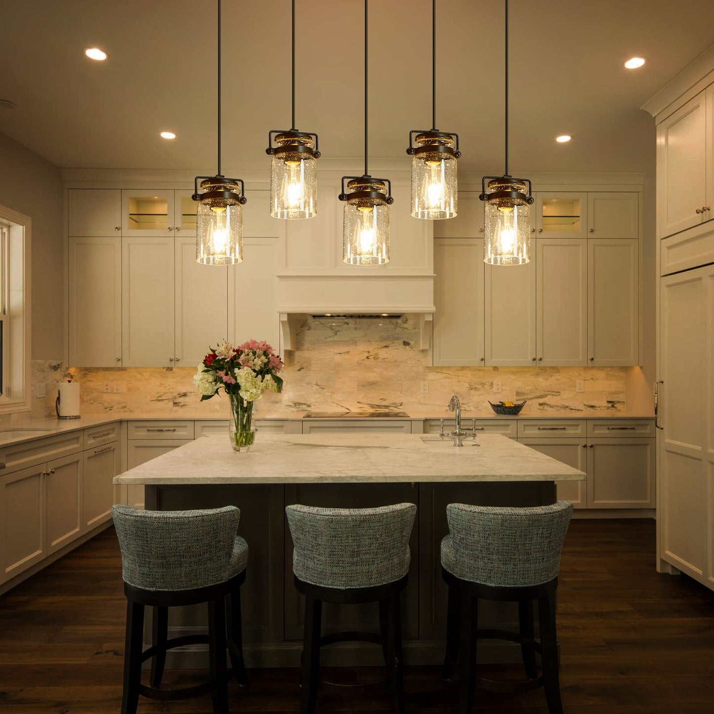 Foucasal Pendant Light Kitchen Island Lighting  5-Light Pendant Ceiling Light Fixture  67.71 Inches Hanging With Clear Glass Shade Farmhouse Chandeliers For Dining Room Bedroom Hallway - Black