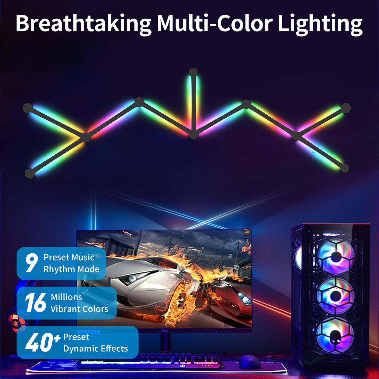 TOHETO RGB Wall Light, LED DIY Geometry Splicing Gaming Lights, Backlit Modular Wi-Fi Colour Changing Home Decor Lights Work with Alexa and Google Assistant for Game Room, Bedroom (9 Lines, Black)