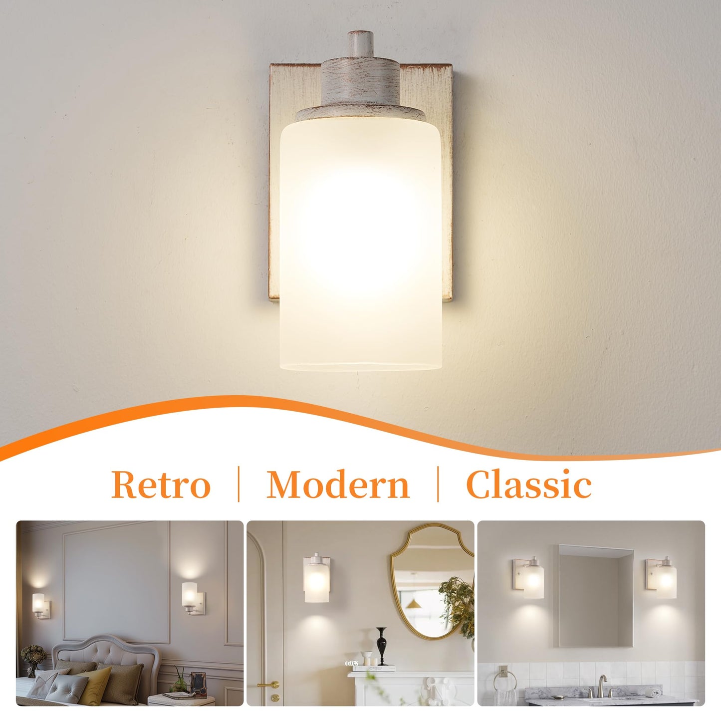 Eidonta Bath Vanity Light Fixture, Modern Wall Sconce, Opal White Glass Shade, 2 Pack, White Gold