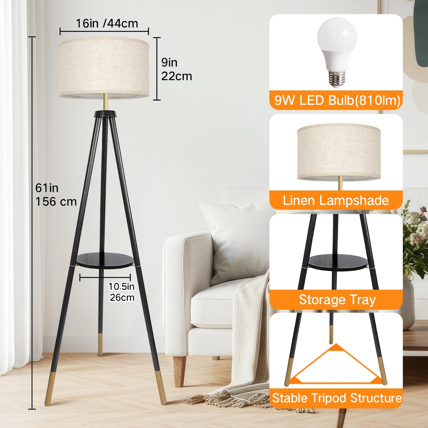 OUTON Wood Tripod Floor Lamp with Remote Control, Dimmable LED, 4 Color Temperatures, Black & Gold