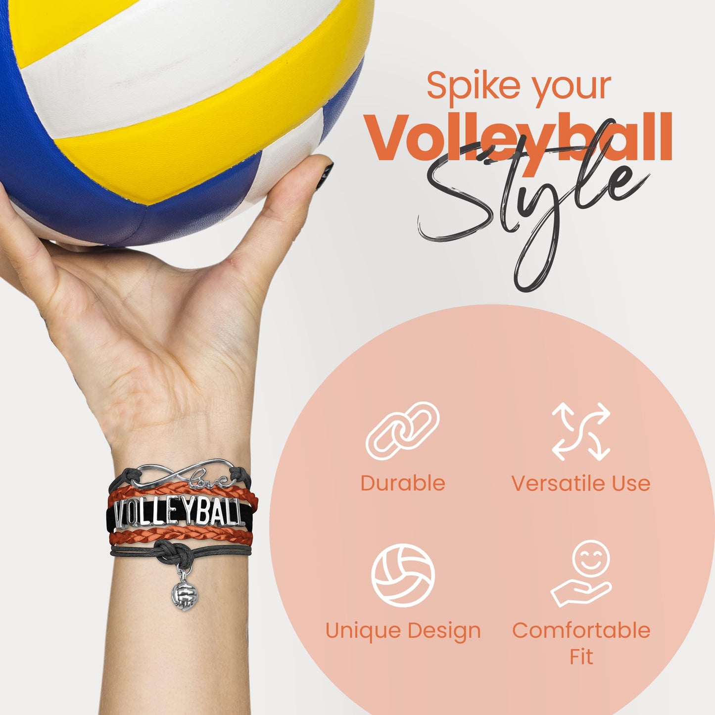 Volleyball Bracelet - Adjustable Charm Bracelet with Infinity Symbol & Silver Volleyball Charm by SportyBella. (Orange/Black)