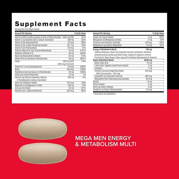 GNC Mega Men Energy and Metabolism Vitapak Program, Convenient, Complete Nutrition, 5 Products in 1 Packet, Calorie Burn, Thermogenic, 300mg Caffeine, 30 Daily Packs