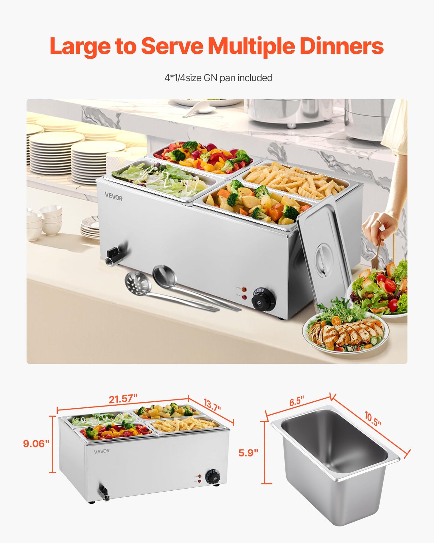 VEVOR 4-Pan Commercial Food Warmer, 24QT Electric Steam Table, 1200W Professional Countertop Stainless Steel Buffet Bain Marie with 86-185°F Temp Control for Catering and Restaurants, Silver
