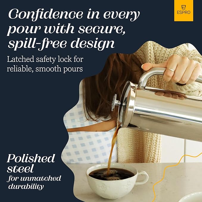 ESPRO P7 Polished French Press Stainless Steel 304 – Patented Double Walled Micro-Filter Insulated French Press Coffee Maker, Grit-Free Brew - Heat Resistant BPA Free (18oz)