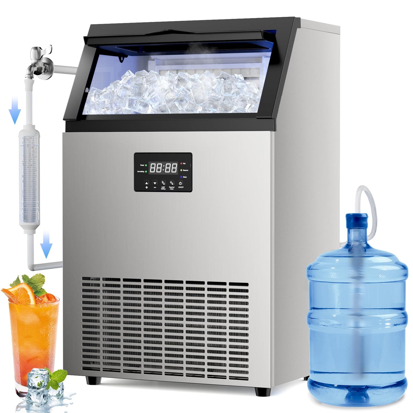 ETL Approval Commercial Ice Maker Machine 200 Lbs/24H Stainless Steel, with 50Lbs Storage Bin, Under Counter or Freestanding Ice Maker, 55 Ice Cubes in 8-15 Minutes for Home & Commercial