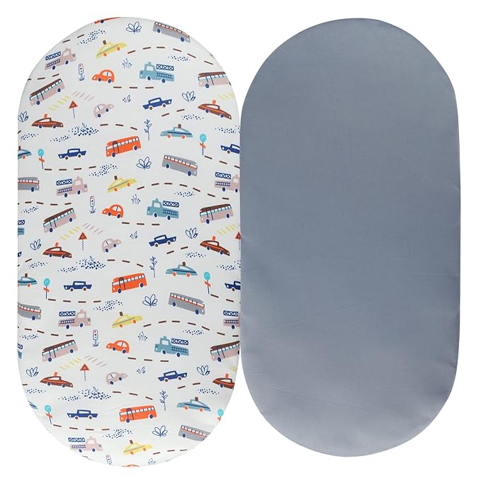 Bassinet Sheet Set 2 Pack Snug Fitted Cradle Fitted Sheets, Stretchy Ultra Soft, for Oval Rectangle Hourglass Bassinet Mattress, Unisex Boy Girl, Grey & Car