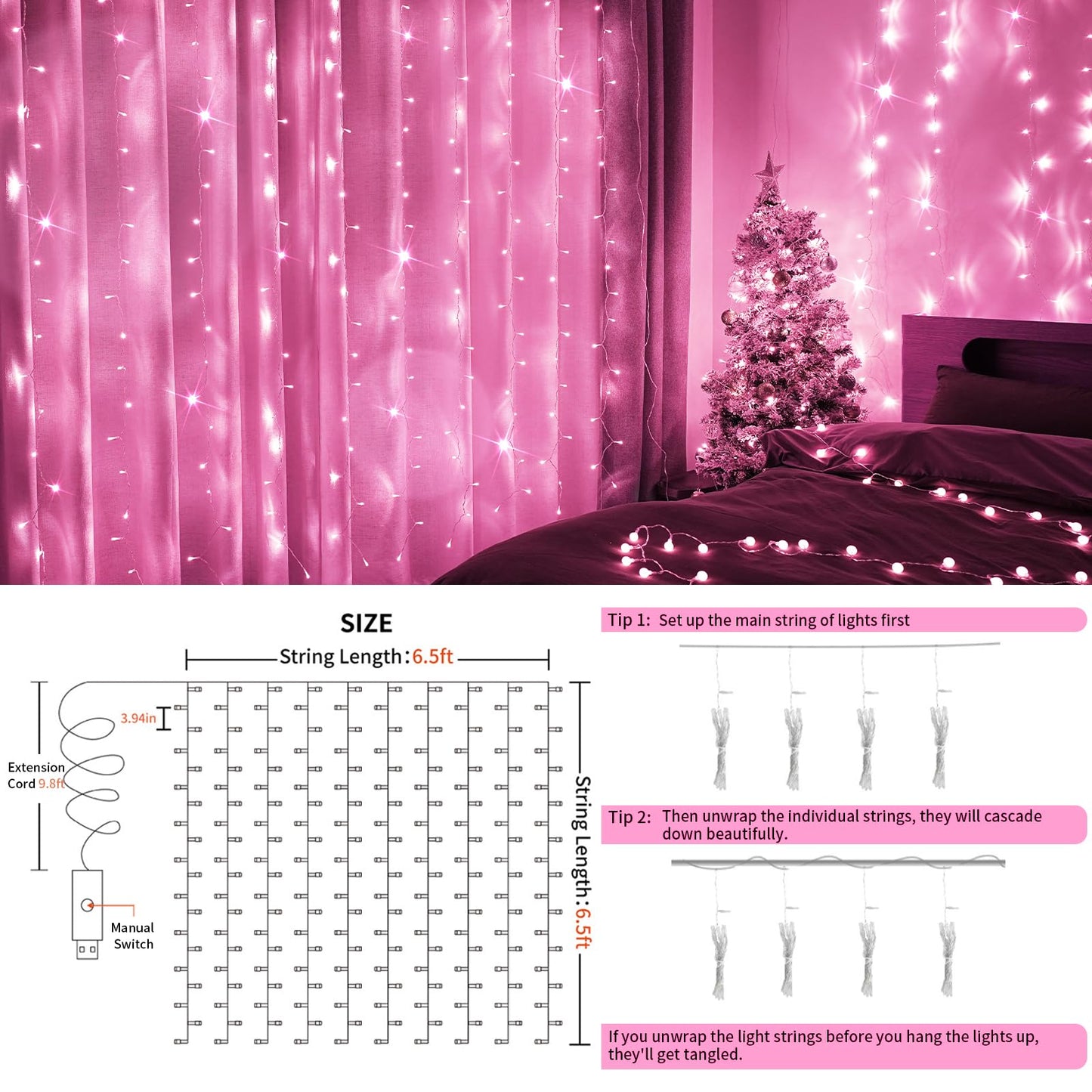 suddus Curtain Lights 200 LED Waterproof Fairy String Lights for Bedroom, Wedding, Party - Pink