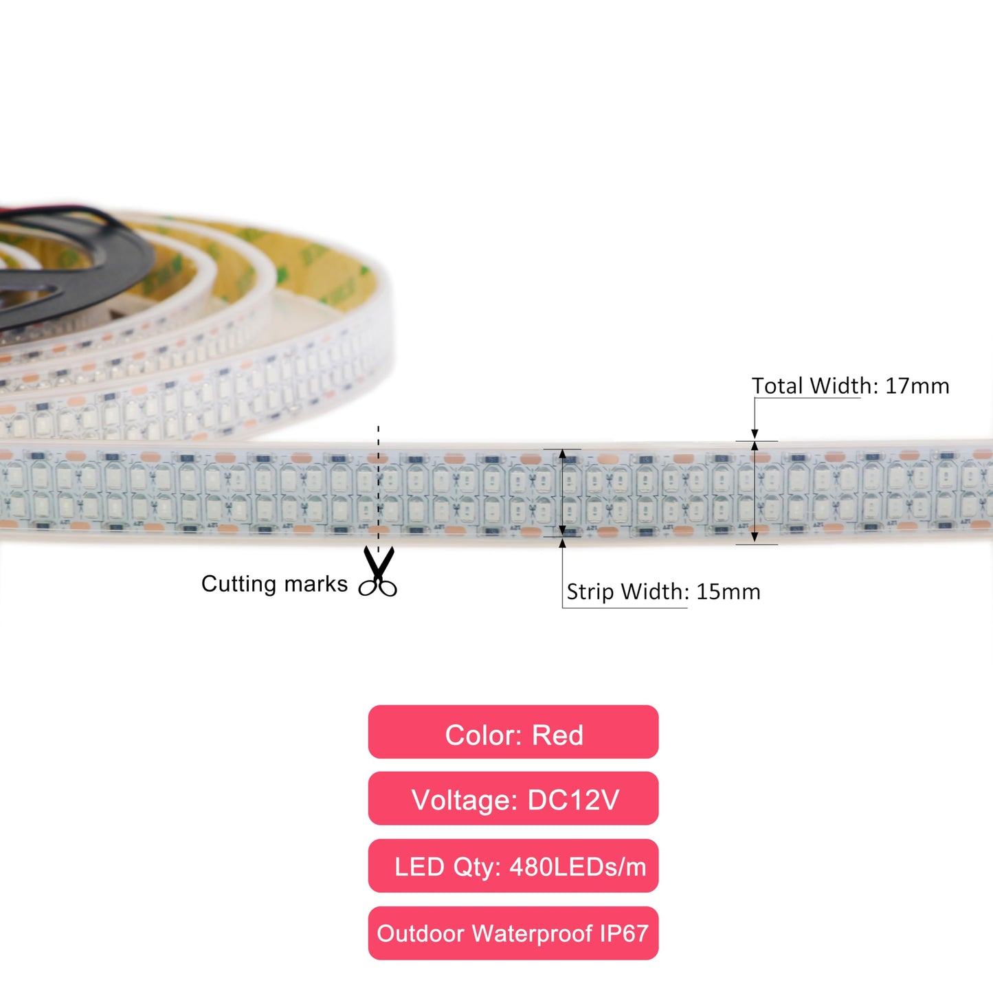 LEDENET 12V Red LED Strip Lights 16.4ft, Double Row 2400 LEDs Outdoor Waterproof IP67, Super Bright Dimmable Flexible Tape Lights for Bedroom, DIY, Truck, RV, and Boat Lighting