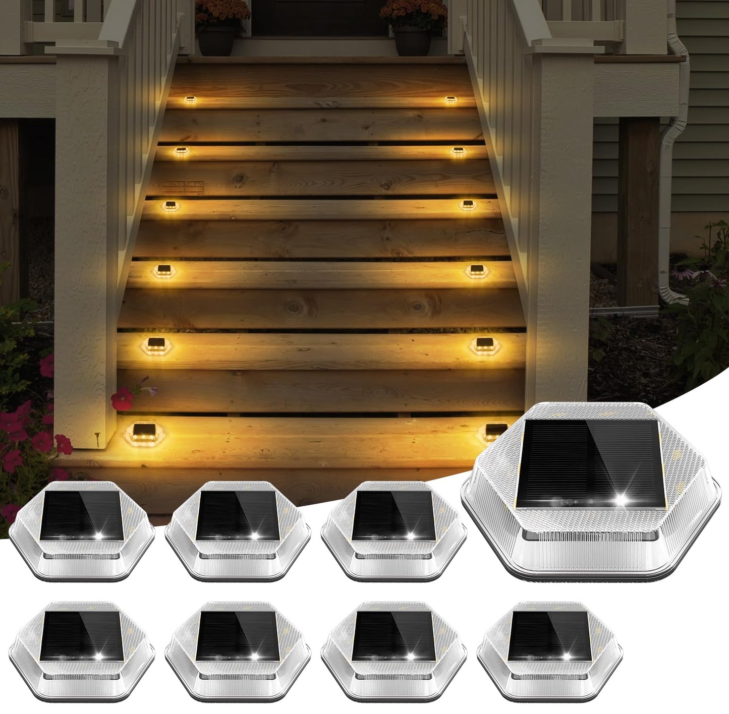 CREPOW Solar Deck Lights Dock Step Lights- 8 Packs Waterproof 1200mAh Auto ON/Off LED Solor Powered Stair Lighting for Outdoor G