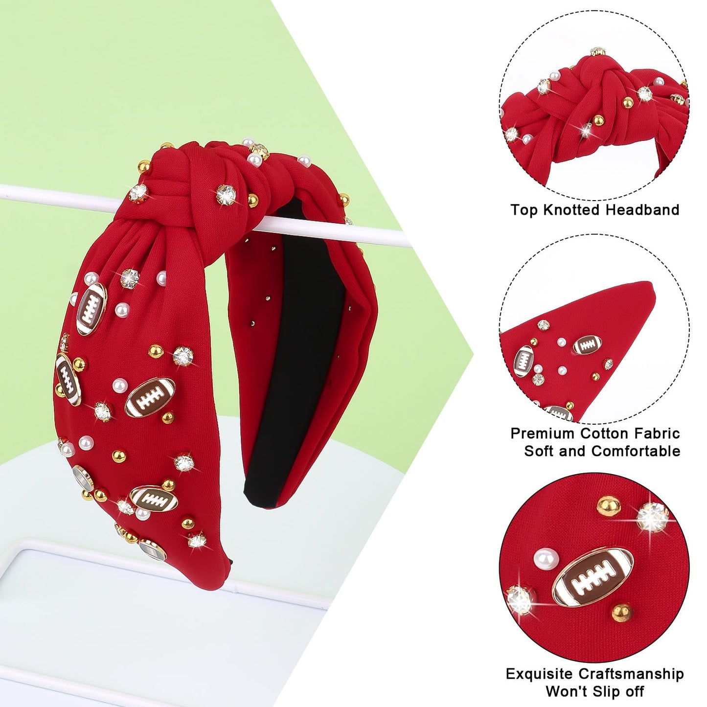 YARIEW Football Headband for Women Pearl Rhinestone Jeweled Knotted Headband Fashion Headband Wide Game Day Sports Hair Accessor