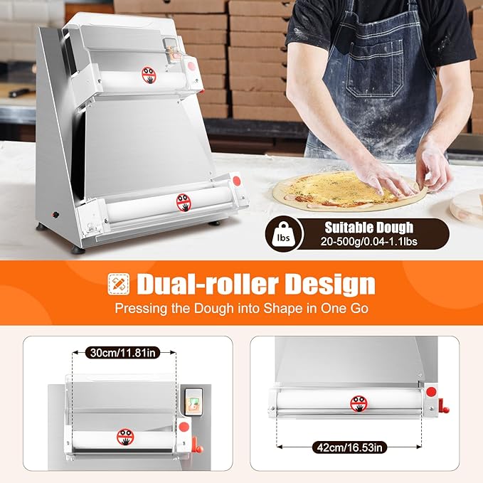 Pizza Dough Roller Sheeter, 4-16" 110V 370W Commercial Electric Automatic Pizza Press Making Rolling Machine Stainless Steel Adjustable Thickness Dough Machine for Noodle Pizza Bread & Pasta Maker