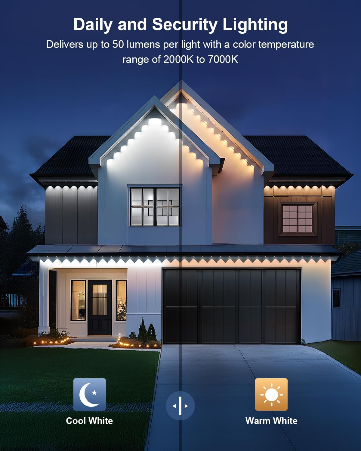 MIMIRGB Outdoor LED Lights, 50ft RGB Smart Eave Light, IP67 Waterproof, Remote/App Control, Black, Model JG-001W-10