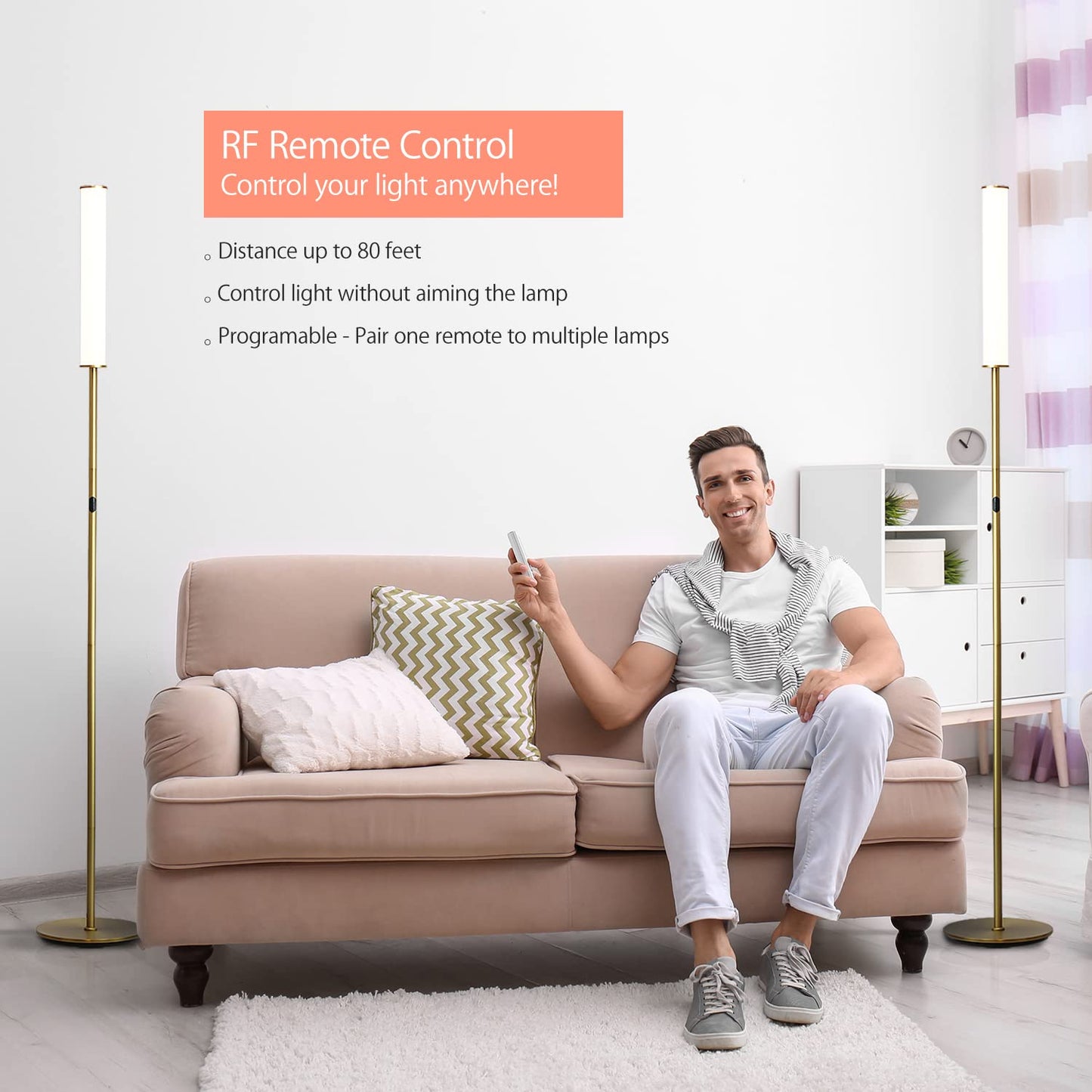 OBright LED Cylinder Floor Lamp, Remote Control, Dimmable 3000K-6000K, Antique Brass, Model OB-FL09D