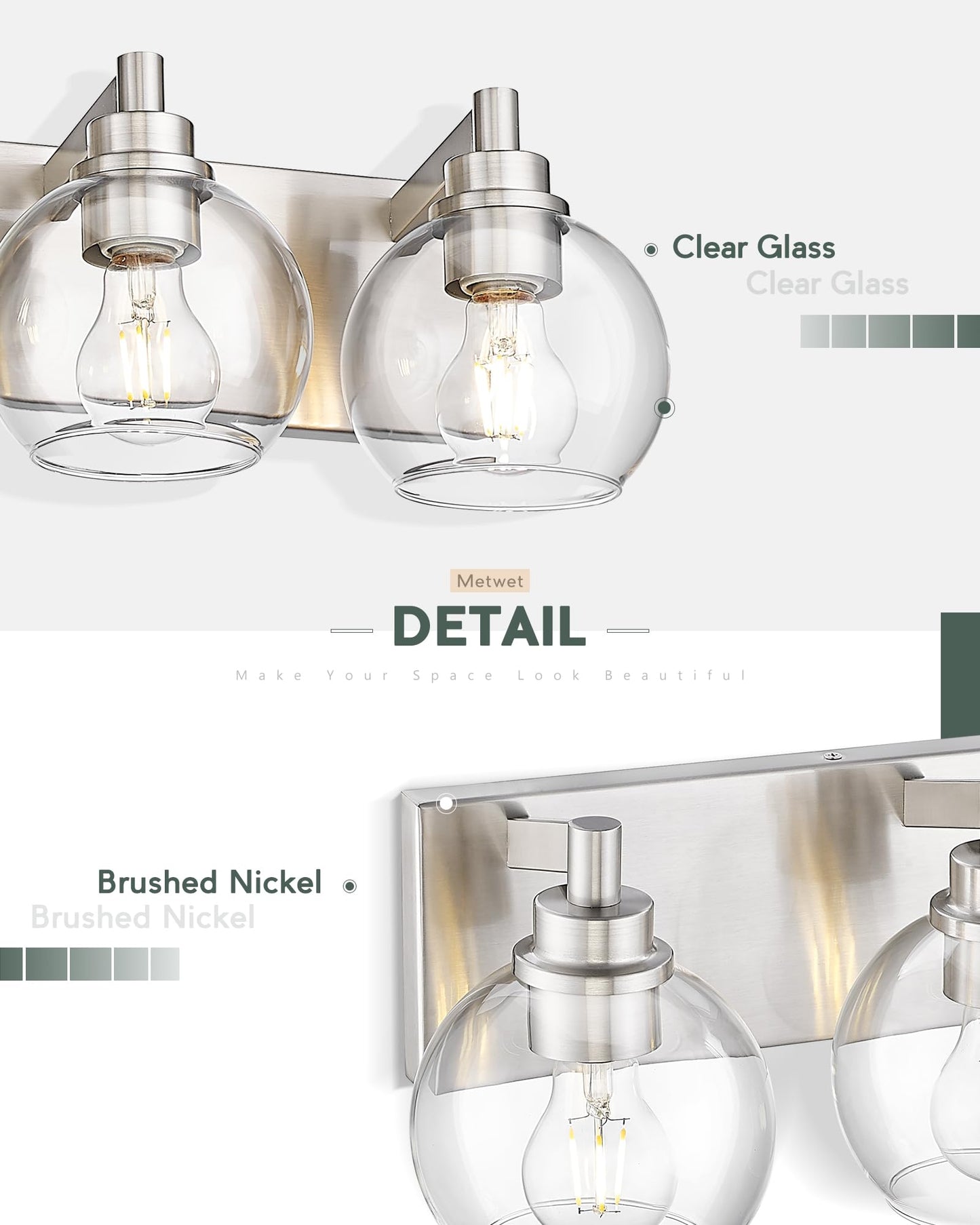 Metwet Bathroom Light Fixtures  5 Light Brushed Nickel Vanity Light  32 Inch Modern Wall Sconces With Globe Clear Glass Shade  Vanity Lighting Fixtures Over Mirror  Vl195-Bn-Cl-5