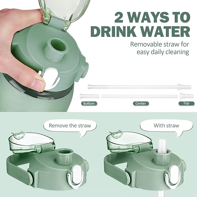 kytffu 56oz Glass Water Bottles with Straw, Motivational Glass Bottle with Silicone Sleeve and Time Marker, Leakproof Large Glass Water Jug for Gym Home Office,Olive