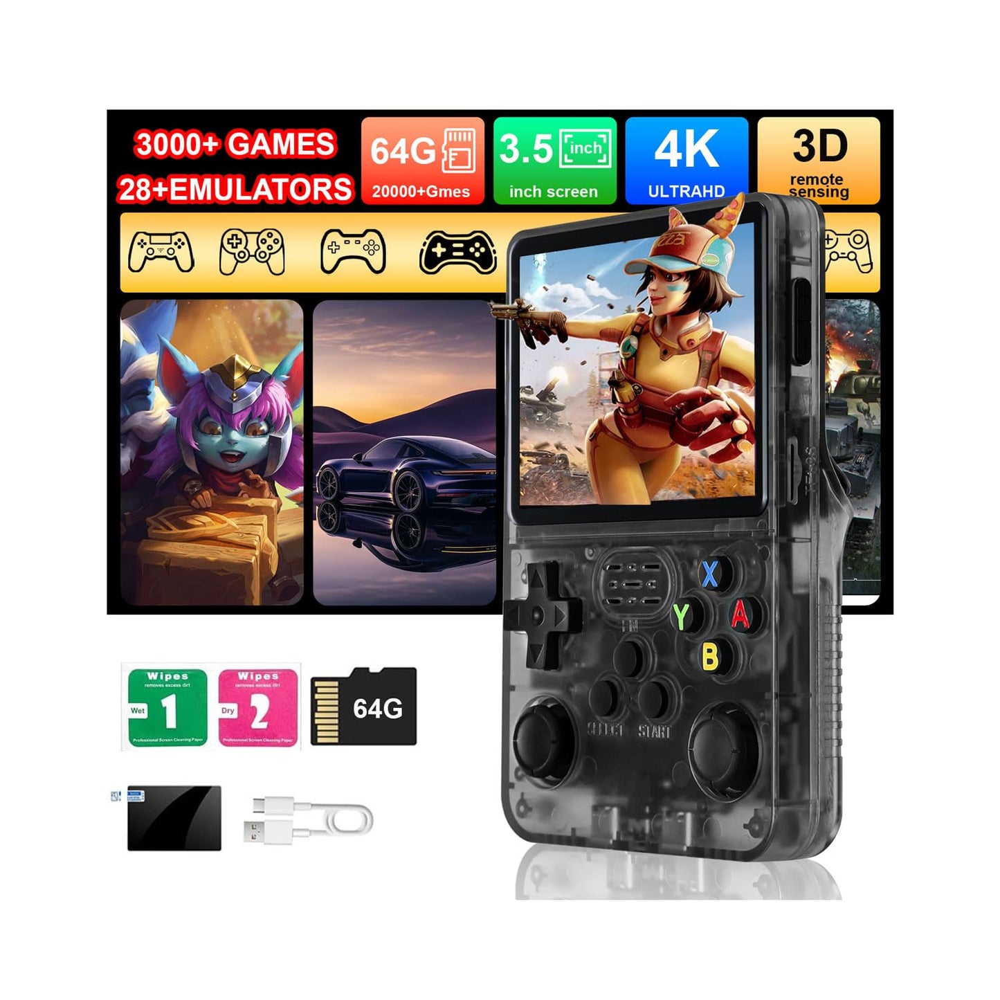 R36S Handheld Game Console, 3.5" IPS Screen Retro Game Emulator with Open Source System, Portable Video Gaming Player with Built in 3000+ Games, 64GB TF Card, Gift for Adults Teens Kids, Black