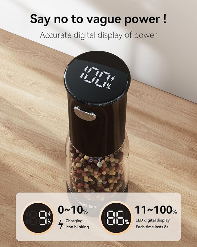 TOMEEM Electric Salt and Pepper Grinder Set – Rechargeable with LED Power Indicator, 5-Level Adjustable Grinding, LED Light, 4.5oz Large Capacity Salt and Pepper Shakers with Storage Base