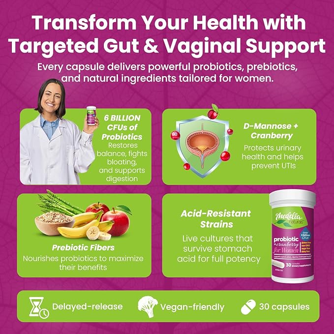 Women Probiotics w/ Prebiotics & Cranberry - 6 Billion CFU, 4-Strain (Including Bifidobacterium Longum & Lactis) Prebiotic Probiotic Women to Support Urinary, Immune, Vaginal Health & Digestive Health