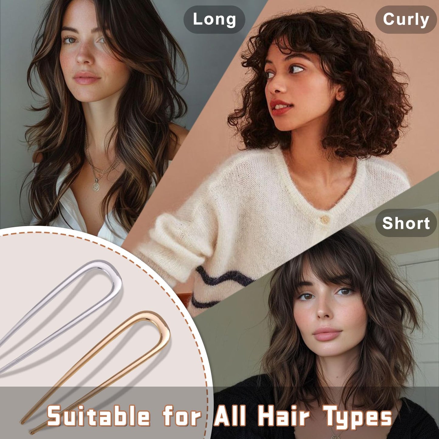 3Pcs French Hair Pins for Thick Hair, Metal French Twis Hair Pins for Women Girls, U-Shaped French Pin for Buns, 5.1 Inches Fren