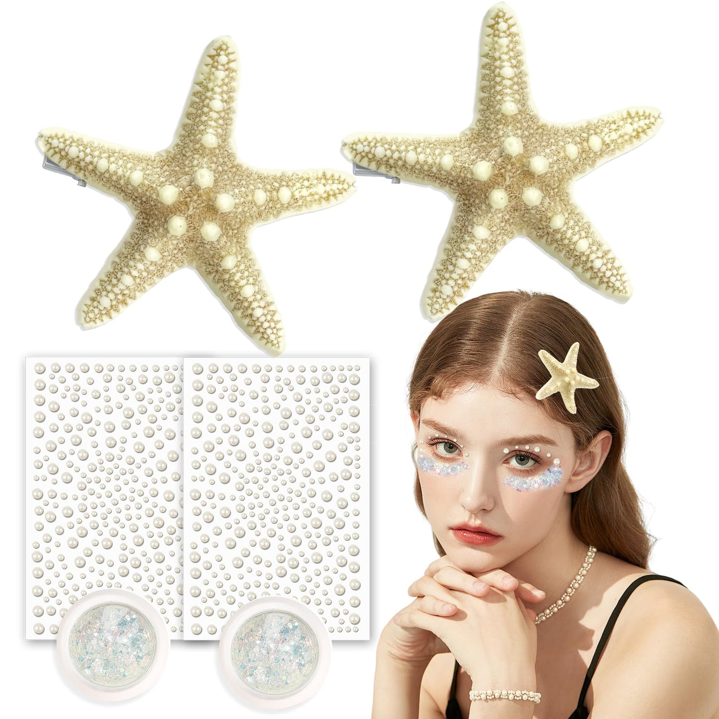 JELUTAR 6 Pcs Starfish Hair Clips Set, Mermaid Costume Accessories with Face Body Glitter and Pearl Stickers for Women, Perfect