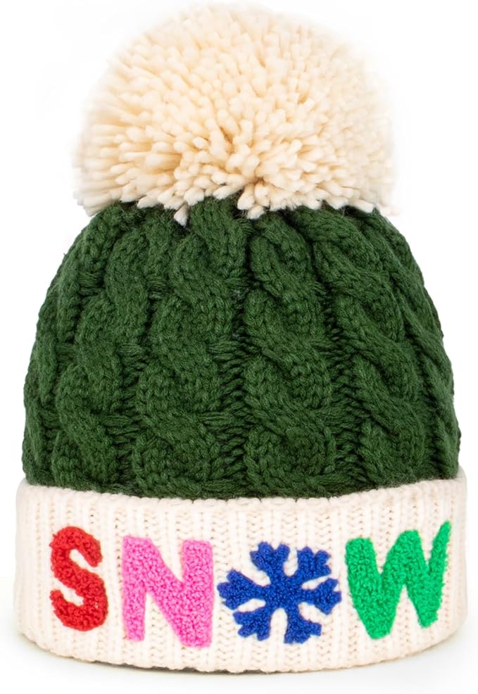 LILLBJORNEN Christmas Merry Beanie for Women Winter Crochet Hat Chunky Cable Knit Pompom Santa Hat