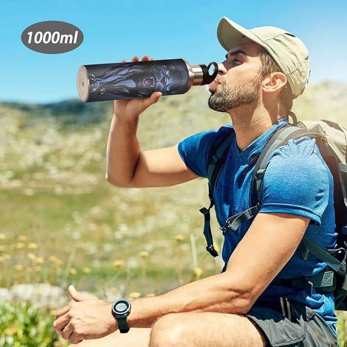 senya 34 Oz Water Bottle with Straw Roaring Black Panther Stainless Steel Water Bottle for Traveling Sports Leakproof Insulated Water Bottle