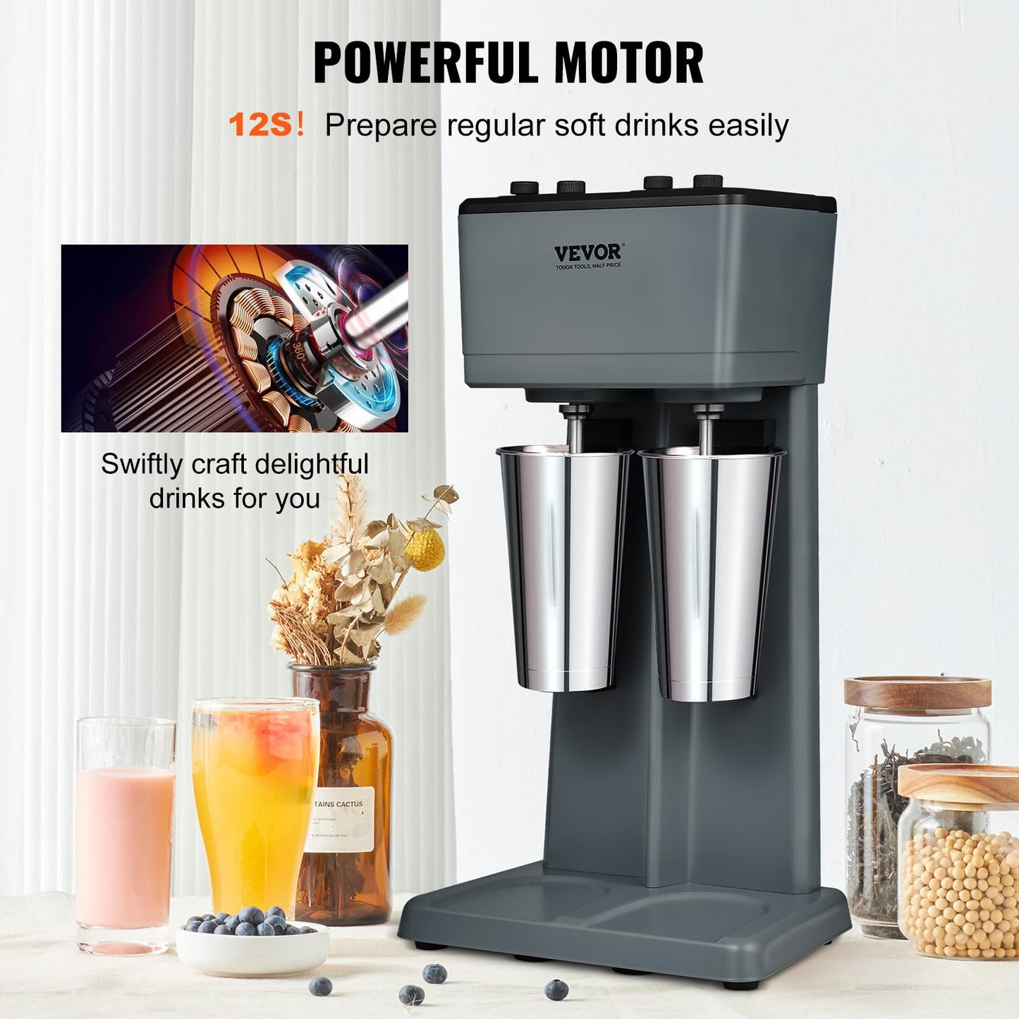 VEVOR Milkshake Maker, 375W x 2 Electric Milkshake Machine, Double Heads Drink Mixer Blender Machine, 3-Speed Milkshake Mixer with 2 x 820 ml Stainless Steel Cups, for Commercial and Home