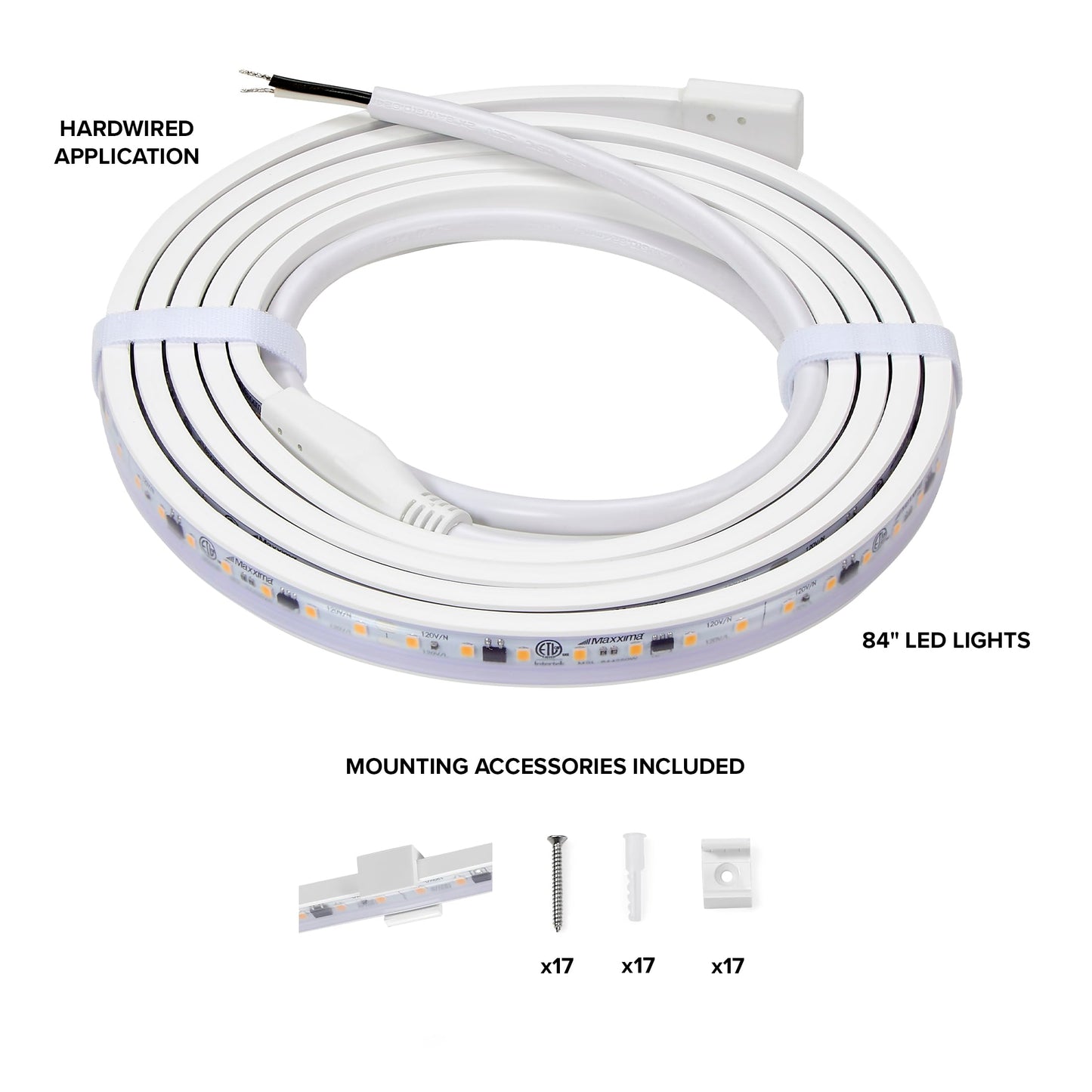 Maxxima 84 in. Hardwired LED Under Cabinet Strip Light, 3220 Lumens, 3000K Warm White, Kitchen and Living Room 120V White Cove Lighting, No Power Supply Needed
