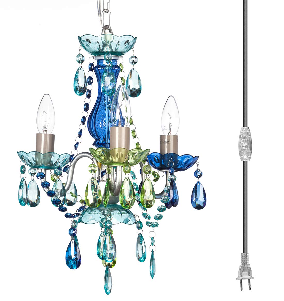 Gypsy Color Plug-In 3-Light Chandelier, Blue Green Glass, Silver Metal Frame, H17”Xw12”, Model Gymibg