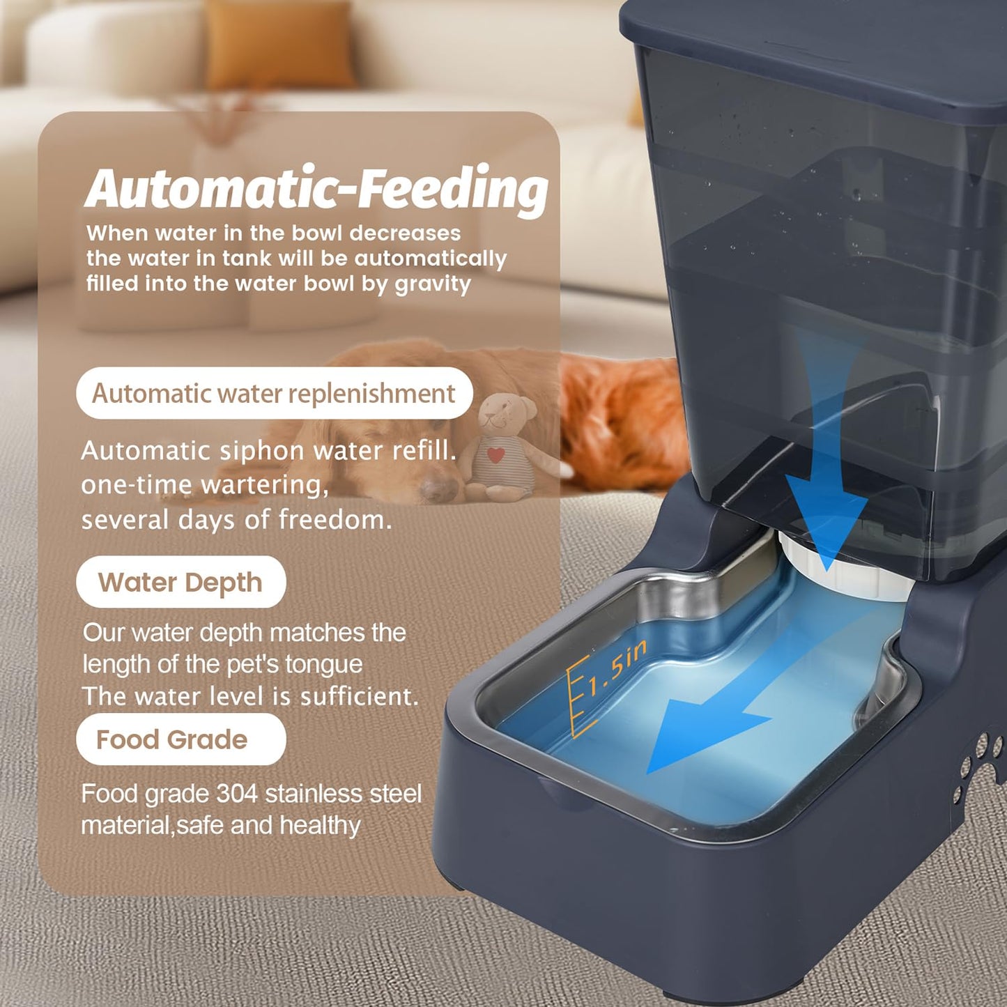 Leefele Automatic 5.4L/1.4Gal Pet Waterer, Pet Automatic Dog Water Dispenser Gravity Stainless Steel Water Feeder, Large Capacity Feeding Bowls for Cats and Medium & Large-Sized Dogs